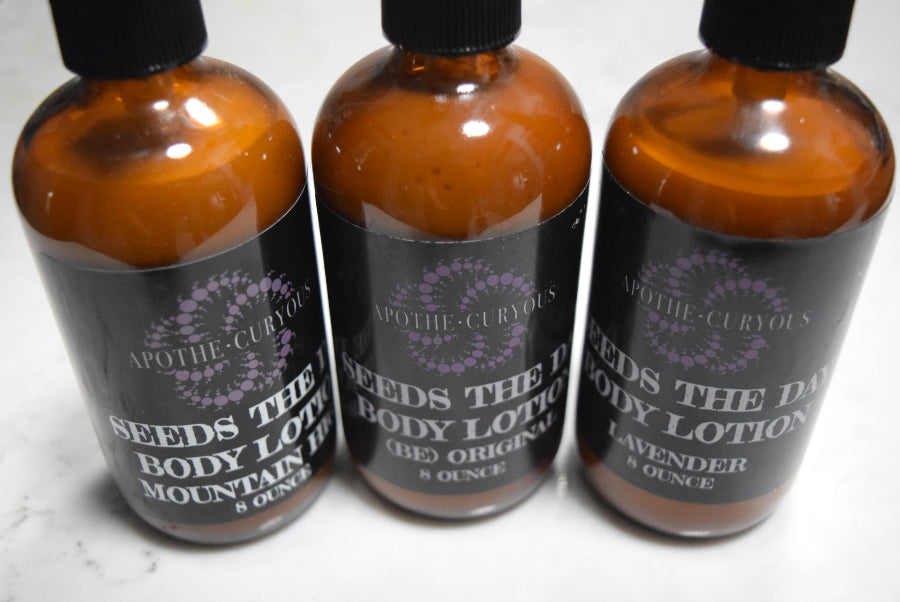 Seeds the Day lotion in 3 scent options, amber glass bottle, Apothecuryous