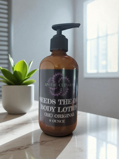 Seeds the Day lotion in amber glass bottle, Apothecuryous