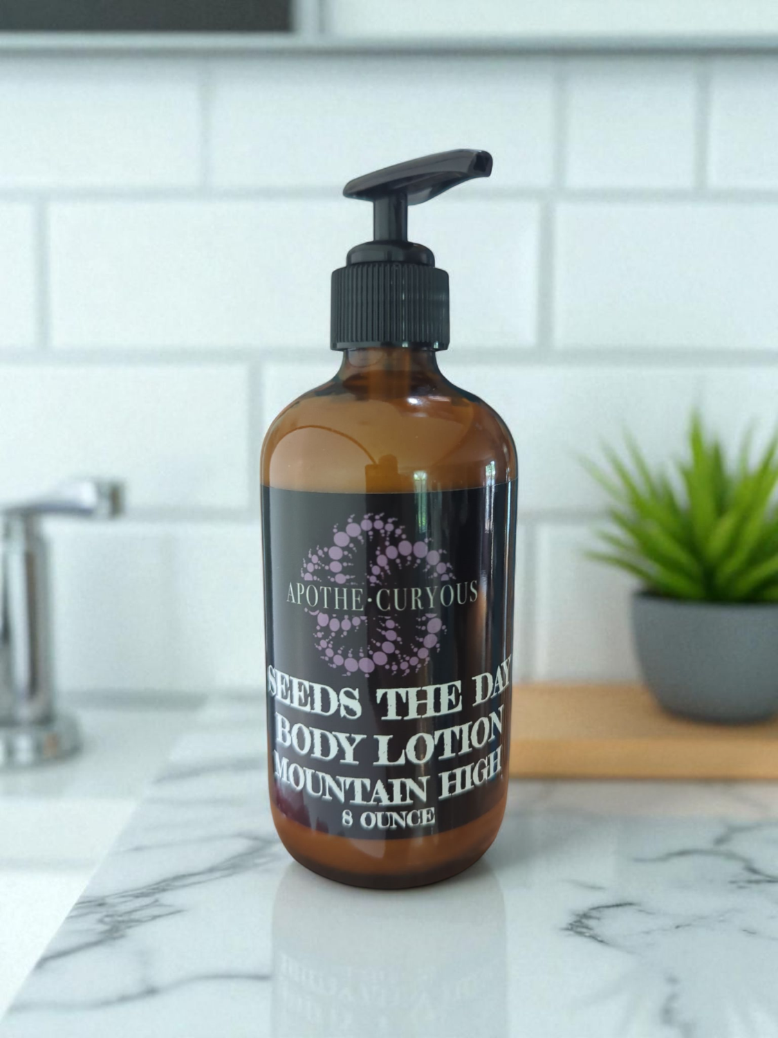 Seeds the Day lotion in amber glass bottle, Apothecuryous