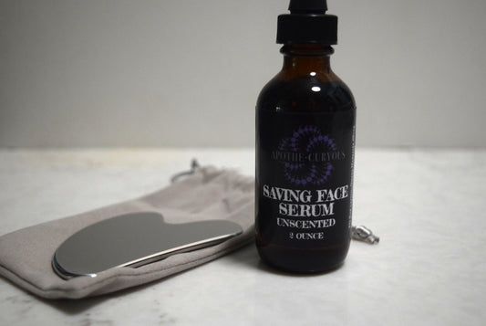 Face serum in amber glass bottle with dropper top with Guasha and storage bag, Apothecuryous