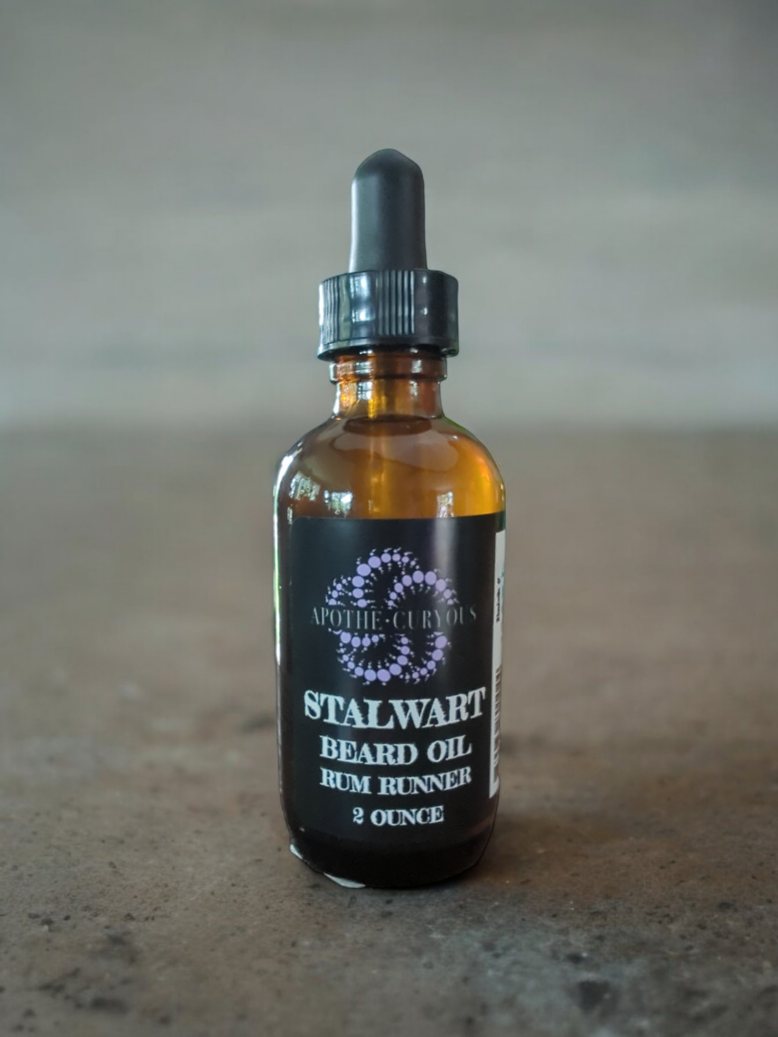 Stalwart Beard Oil, amber glass bottle with dropper lid, Rum Runner, Apothecuryous