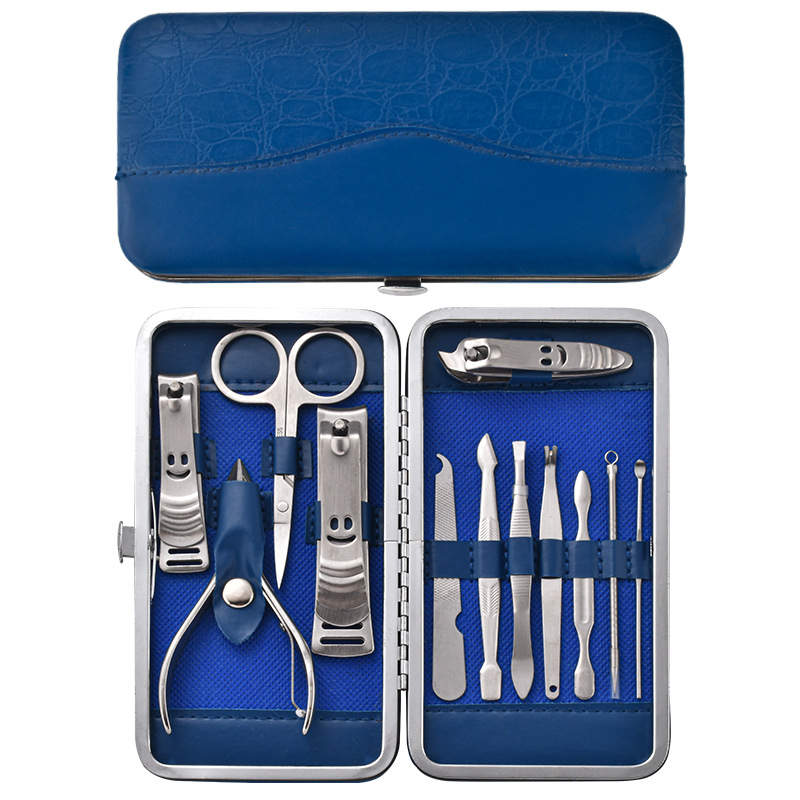 12 piece manicure set, open with blue case