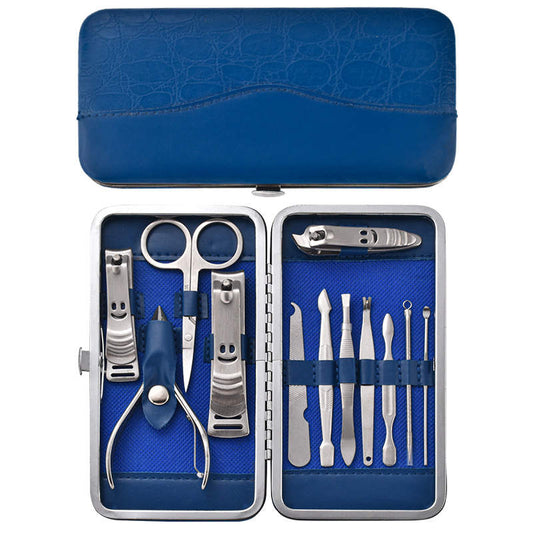 12 piece manicure set, open with blue case